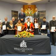 Winners all: Hillingdon heroes with the mayor and council leader