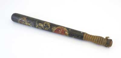 The handle is ringed which makes it easier to grip. It is painted with a crown at the upper end and the word constable. By the end of the 19th Century a constabulary in each town was mandatory. Truncheons were used to restrain offenders or self-defence.