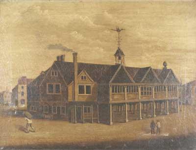 Originally accessioned as a painting of Uxbridge Market House, but subsequent notes in a noteback cataloguing paintings, casts doubt on this. Until the 19th Century the prosperity of Uxbridge depended on its market. 