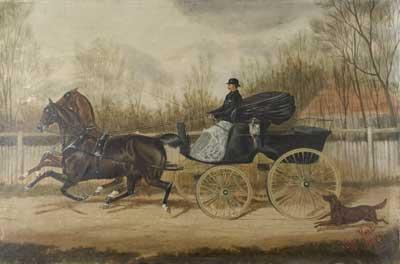 Unframed oil painting of W Marshall driving a horse drawn carriage, dated 1883. W Marshall was the innkeeper of the Railway Arms in Vine Street. Originally a beer-house called The Swan. It was renamed The Railway Hotel in 1856.