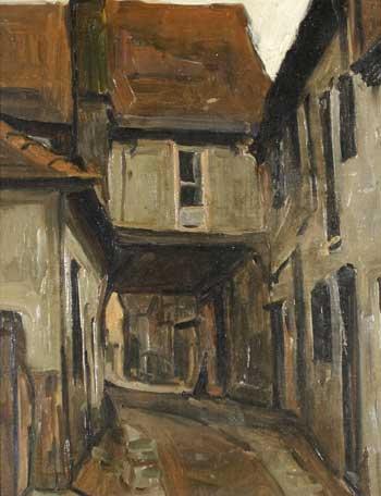 Framed oil painting of New Inn Yard, Windsor Street, Uxbridge by Maud Ireland Button, pre-1914. Maud was born in 1877, the daughter of Alfred Button, grocer, of Uxbridge. Her brother, Howard S. Button, founded the Budgen grocery chain.