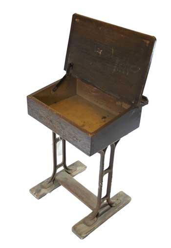Victorian school desk with hinged lid, inkwell with brass cover and metal legs, made by C E O M Hammer & Co - school furnishers. The Victorian classroom layout was designed with rows of desks facing the front, towards the blackboard and the teacher.