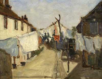 Framed oil painting of an Uxbridge yard, probably the Bell Yard by Maude Button, pre-1921. Bell Yard was situated opposite the Market house and roughly in line with the entrance to the underground station. 