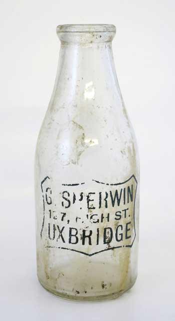 Two pint (quart) milk bottle marked “G Sherwin 127, High Street, Uxbridge” within a crest. Sherwins' dairy was at 127 High Street from about 1880 to 1972.