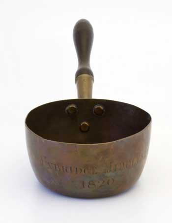 Copper grain scoop, circa 1820, engraved Uxbridge - Middlesex - 1820. Until the 19th Century Uxbridge was the major corn market for west Middlesex and south Buckinghamshire. This  scoop was used to measure the amount of corn taken as toll.