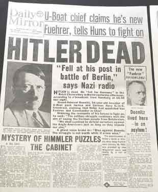 Daily Mirror announcing the news that Hitler "fell at his post on battle of Berlin"