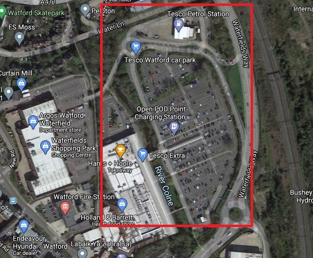 The Tesco supermarket site roughly, including the petrol station, car park, and store. Credit: Google Maps