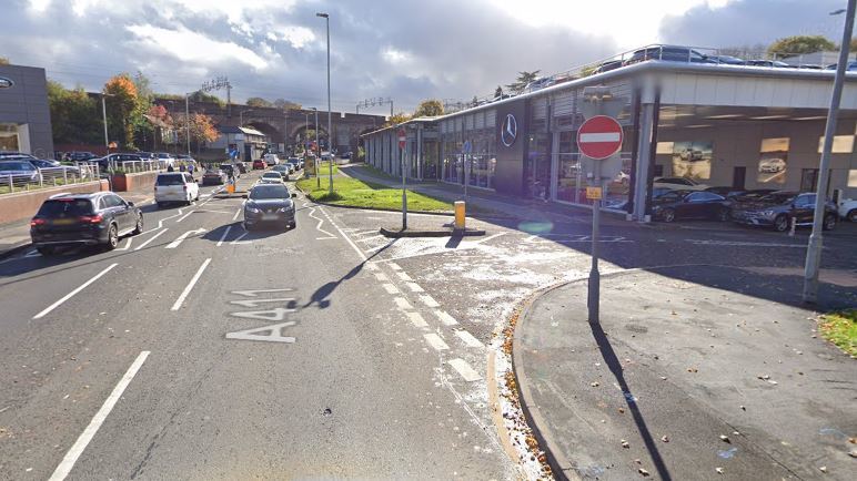 The Mercedes garage, pictured right, is listed online as sitting within Colne Bridge Retail Park. Credit: Google Street View