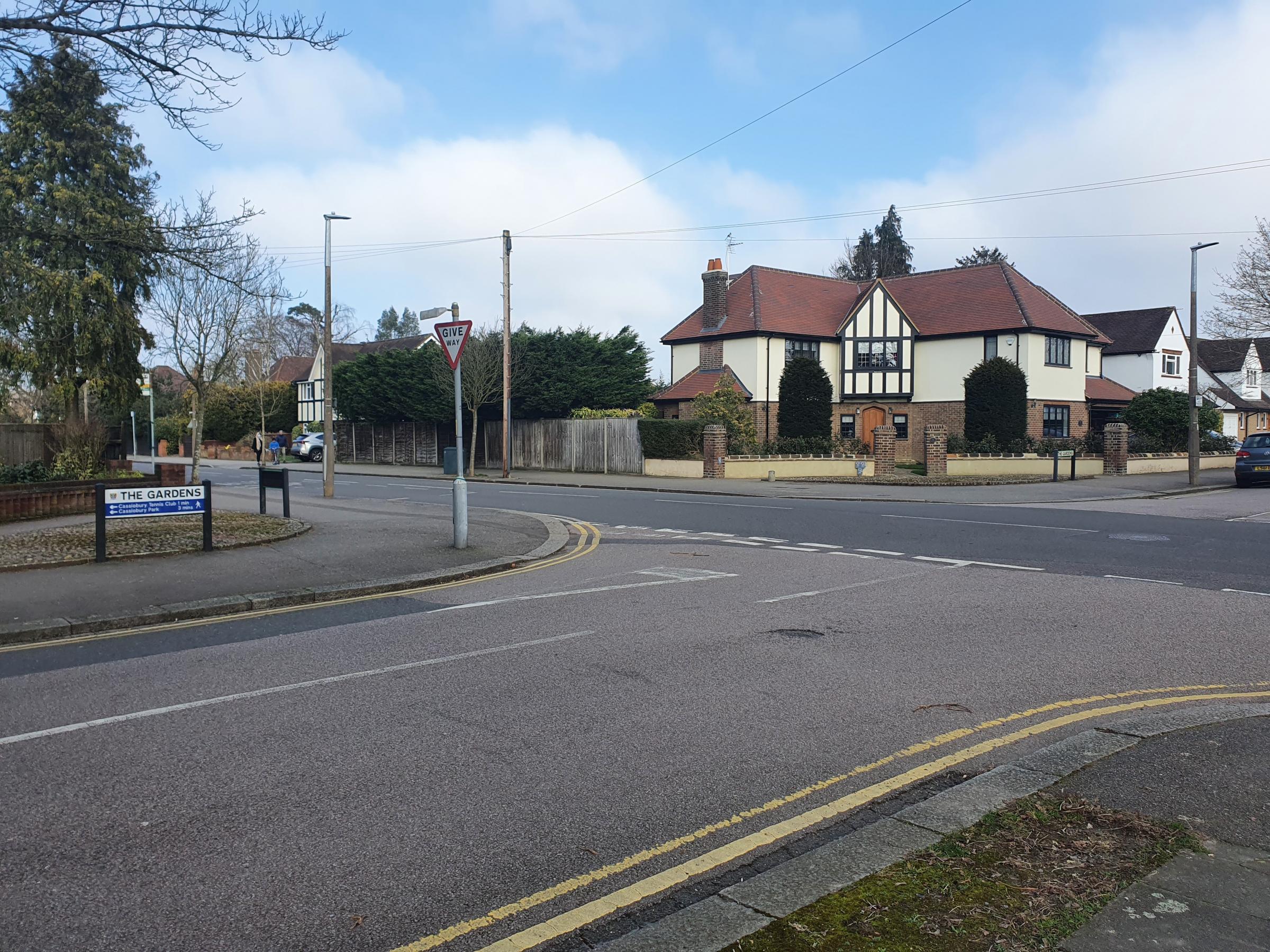 Crossroads of Cassiobury Drive and The Gardens where a blockage could be put in place to stop through traffic