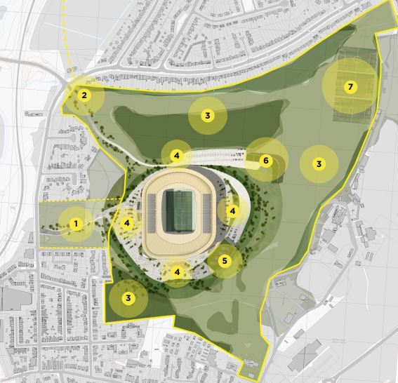 This shows a potential redevelopment for a stadium for Watford in Bushey. Number 5 indicates the indoor arena while 6 is the hotel