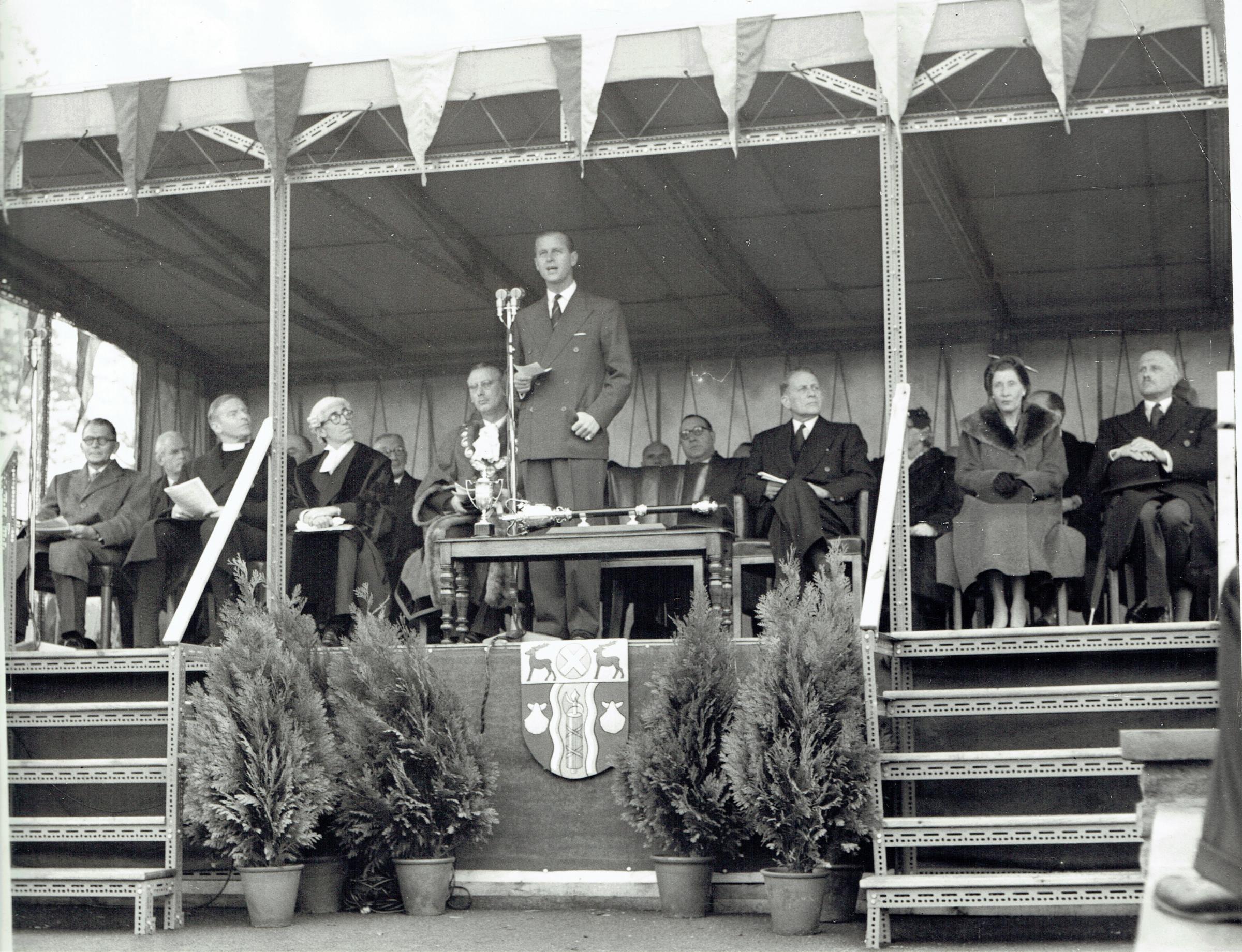 The Duke speaks to crowds who had gathered to see him open the new playing fields. Credit: Watford Museum