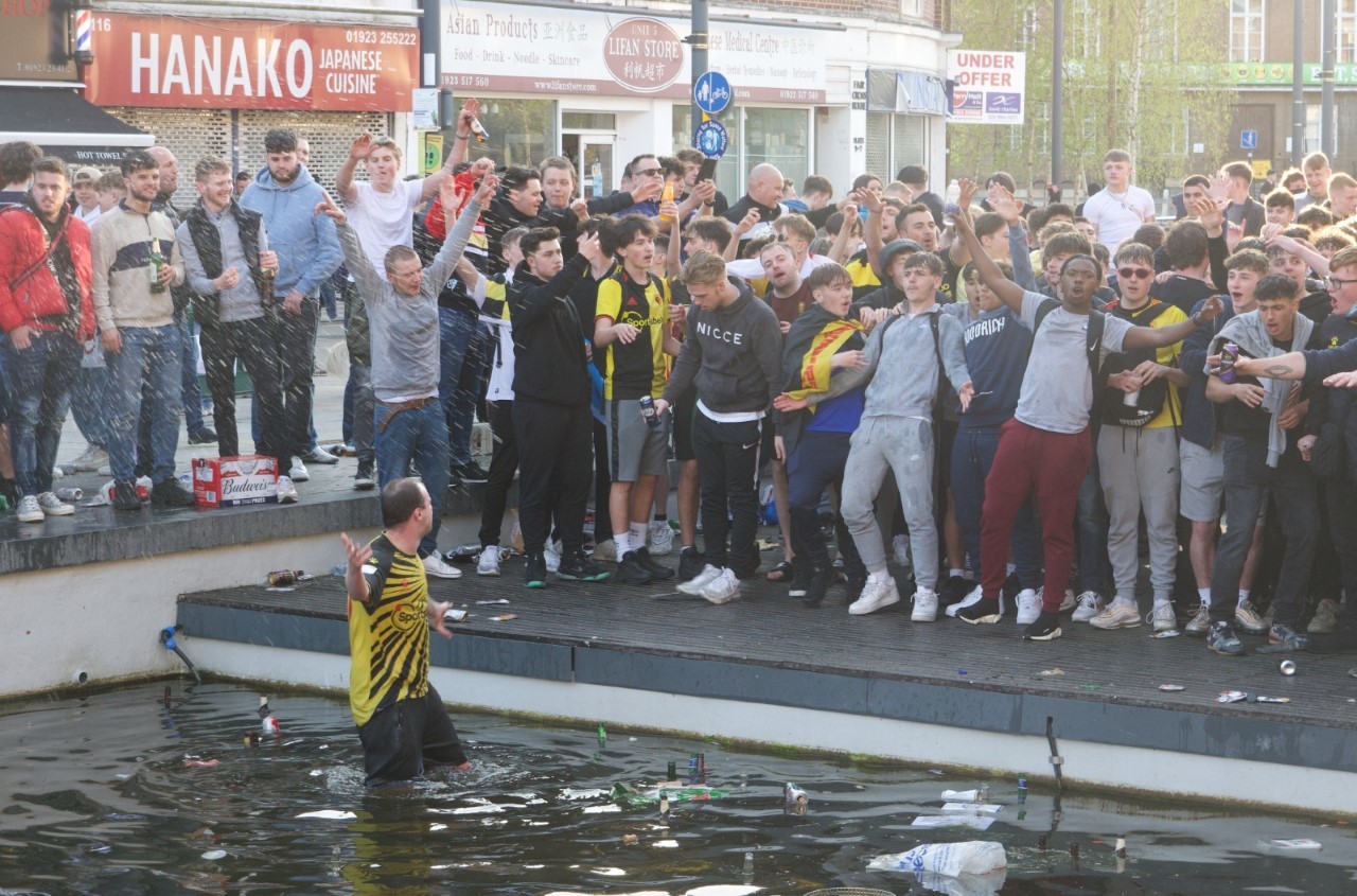 Watford fans were celebrated promotion in the town centre yesterday. Photo: Ryan Gray