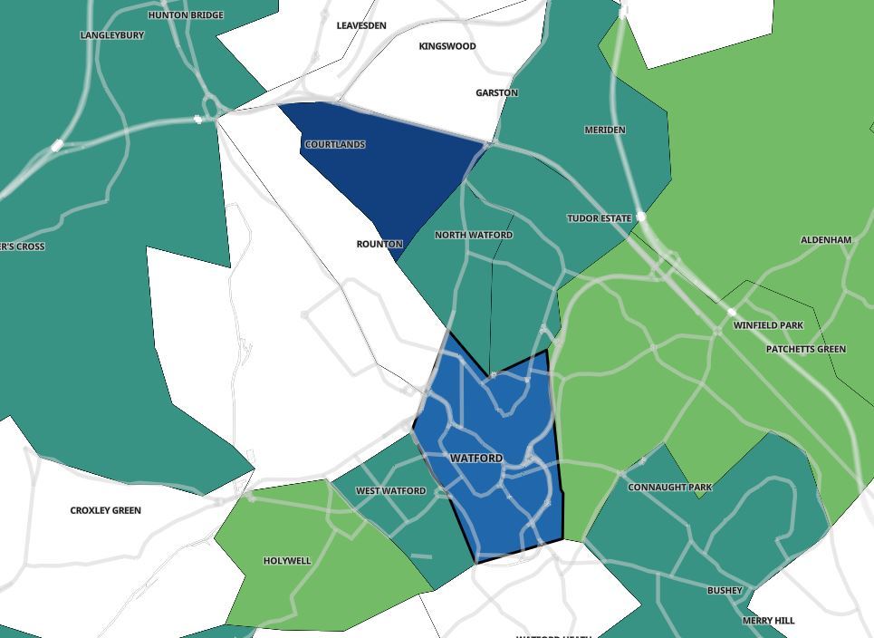The dark blue is Leggatts while the other area of shaded blue is Central Watford. Credit: Public Health England