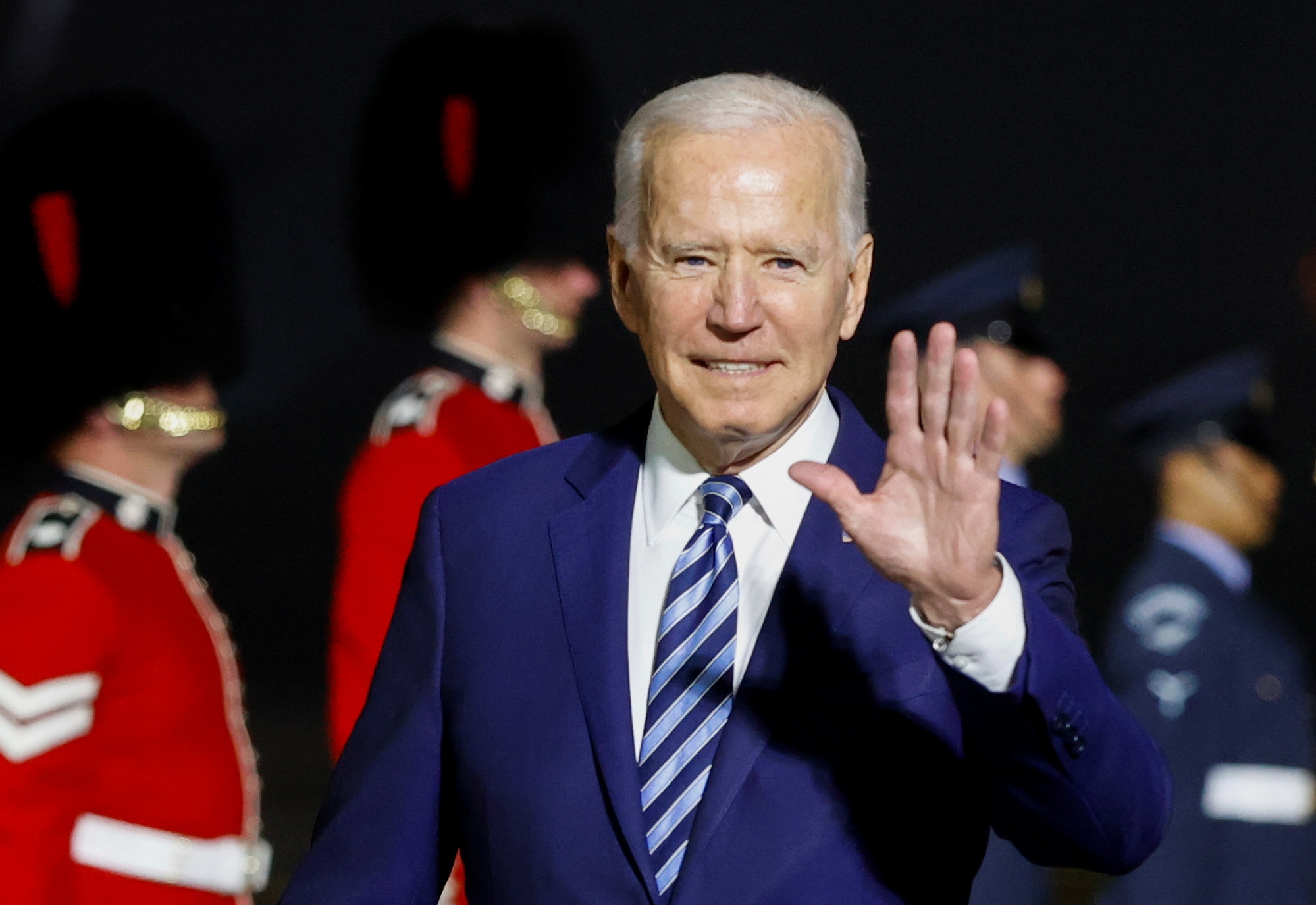 US President Joe Biden waves on arrival on Air Force One at Cornwall Airport Newquay on Wednesday night ahead of the G7 summit. Credit: PA