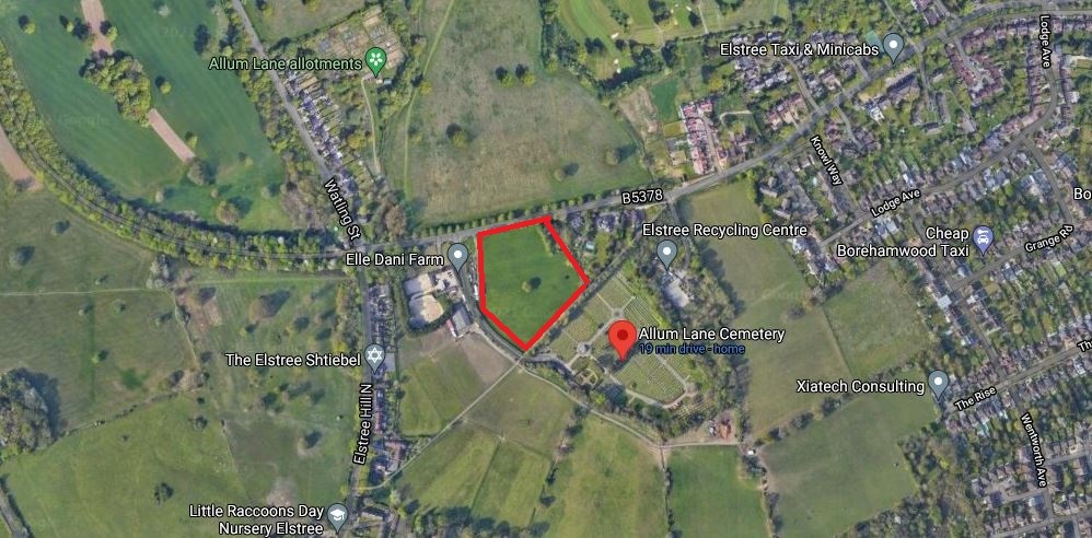 The marker is Allum Lane Cemetery in its current form. The red lines indicate the land the council is seeking to buy in order to expand the cemetery. Credit: Google Maps