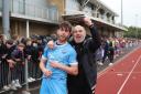 Safe hands: Braintree Town goalkeeper Jack Sims with keeper coach Justin Moseley after the play-off semi-final victory over Chelmsford City.