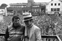 Hitting the peak: Graham Taylor and Elton John in front of thousands of Hornets fans in Charter Place after the 1984 final.