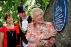 OSWESTRY, SHROPSHIRE Oswestry Mayoress Ruth Jones, Mayor Mark Jones and Dame Stephanie Shirley as a plaque is unveiled the Broad Walk, Oswestry, in honour of Dame Stephanie Shirley on Thursday, August 26, 2021. (Mike Sheridan/BCA)