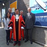 Poster team: (from left): Cllr Heena Makwana, Cllr Eddie Lavery, the Mayor, Sir Ray Puddifoot and former councillorAllan Kauffman