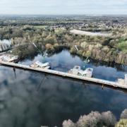 Aerial view: the giant HS2 piers take their place alongside a temporary bridge in the Colne Valley